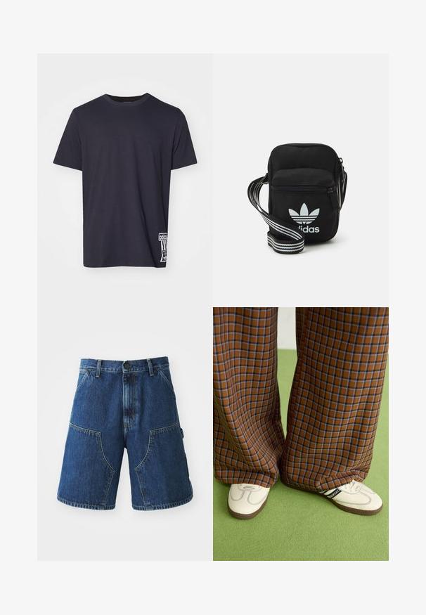 T-shirt in cotone nero con collo rotondo, maniche corte e un'etichetta con logo bianco sul lato inferiore. Texture liscia, vestibilità regolare.; Shorts in denim con un lavaggio blu scuro, dotati di grandi tasche anteriori, chiusura con bottone e cuciture visibili lungo le cuciture.; Pantaloni a pieghe larghi a quadri marroni e blu abbinati a scarpe bianche con dettagli neri e suole testurizzate, posizionati su uno sfondo verde.; Borsa a tracolla in tessuto nero con chiusura a zip, caratterizzata da un logo Adidas bianco e una tracolla regolabile a righe per un facile trasporto.