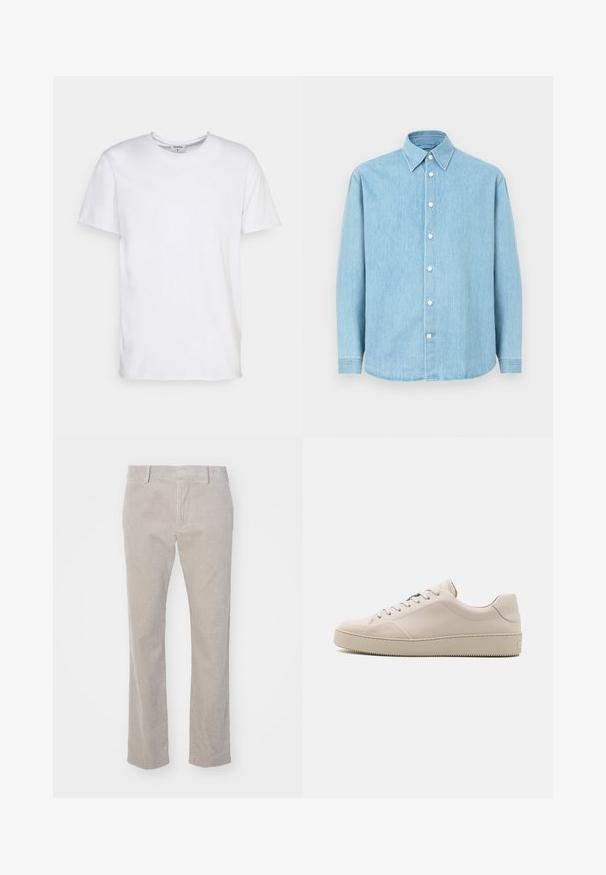 T-shirt blanc à manches courtes en coton. Il présente un col rond et une coupe décontractée sans motifs ni accents visibles.; Chemise à manches longues en denim bleu clair avec col pointu et boutons blancs, présentée sur fond uni.; Pantalon en velours côtelé beige avec texture côtelée verticale, coupe droite et taille standard. Poches avant et passants de ceinture inclus.; Baskets en cuir beige avec une finition lisse, bout rond, semelle plate et design classique à lacets. Des accents de couture subtils et une semelle extérieure texturée.