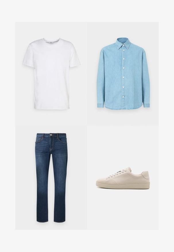 Camiseta blanca de manga corta hecha de algodón. Presenta un escote redondo y un corte holgado, sin patrones ni acentos visibles.; Camisa de mezclilla de manga larga en azul claro, con cuello puntiagudo y botones blancos, exhibida sobre un fondo liso.; Vaqueros de mezclilla azul oscuro con corte de pierna recta, diseño de cinco bolsillos y cierre frontal de botones, con un sutil desgaste en los muslos.; Zapatillas de cuero beige con un acabado suave, punta redondeada, suela plana y un diseño clásico de cordones. Detalles sutiles de costura y suela texturizada.