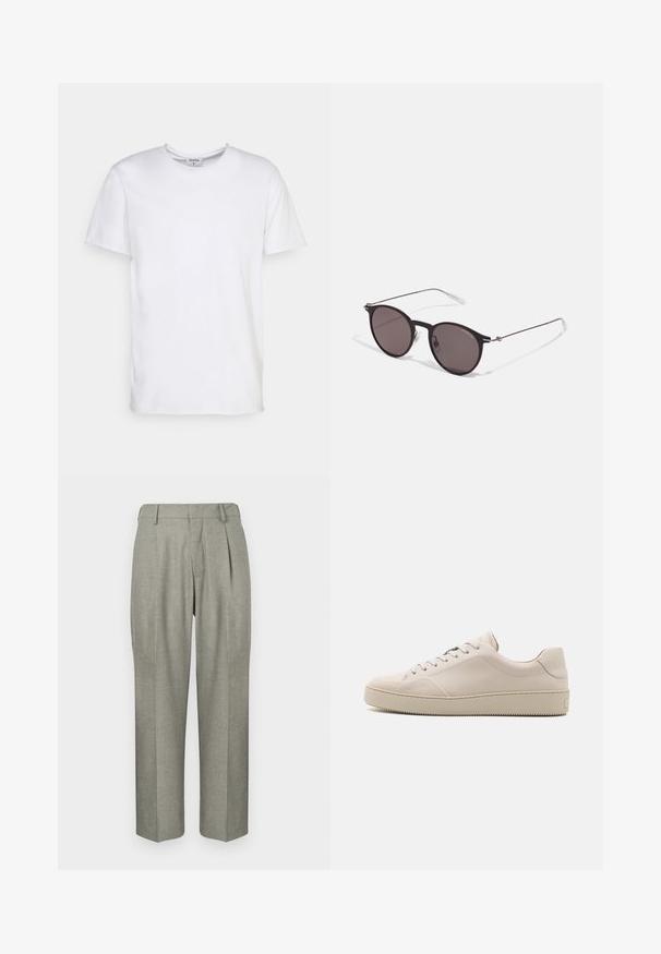 White short-sleeve t-shirt made of cotton. Features a round neckline and a relaxed fit with no visible patterns or accents.; Light gray trousers in a textured fabric. Features a straight-leg design, pleats in the front, and a flat waistband.; Beige leather sneakers with a smooth finish, rounded toe, flat sole, and classic lace-up design. Subtle stitching accents and textured outsole.; Black round sunglasses with dark lenses and slim metal arms. Includes clear temple tips and silver accents at the hinge. Minimalist design.