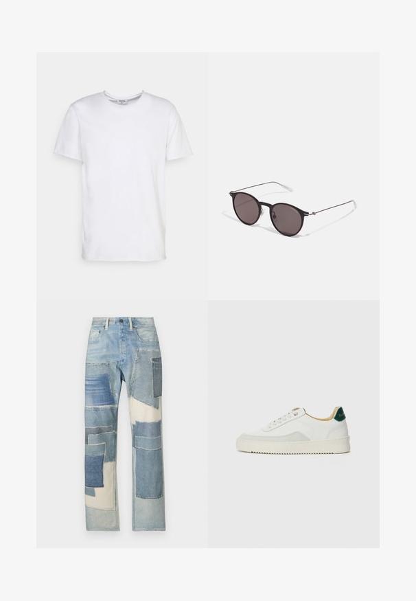 Hvit t-skjorte med korte ermer laget av bomull. Har rund hals og avslappet passform uten synlige mønstre eller detaljer.; Lyseblå denimjeans med et lappet design i forskjellige nyanser av blått, uregelmessige former og frynsete kanter, som skaper en teksturell kontrast.; Hvit sneakers med semsket detaljer, rund tå, flate snøringer og en kremfarget gummisåle. Har grønn merking på hælen.; Sorte, runde solbriller med mørke linser og slanke metalarmer. Inkluderer klare temple tips og sølvfargede detaljer ved hengslet. Minimalistisk design.