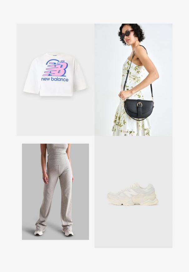 Balts īsais krekliņš, izgatavots no kokvilnas, ar lielu rozā un zilā krāsā drukātu grafiku ar "new balance" logo un stilizētiem burtiem.; Pelēkā ribotā topiņa un atbilstošas bikses, kas izgatavotas no elastīga materiāla. Biksēm ir paplašināta dizaina forma, un tās ir apvienotas ar vieglām sporta apaviem.; Vieglas sporta apavus ar sieta un zamšādas augšdaļu maigos krēma tonī, ar masīvu zoli un trīsdimensionāliem akcentiem.; Melnas ādas rokassoma ar izliekta formu, noņemamu siksnu un zelta aksesuāriem. Somai ir vāciņš ar sprādzes detaļu.