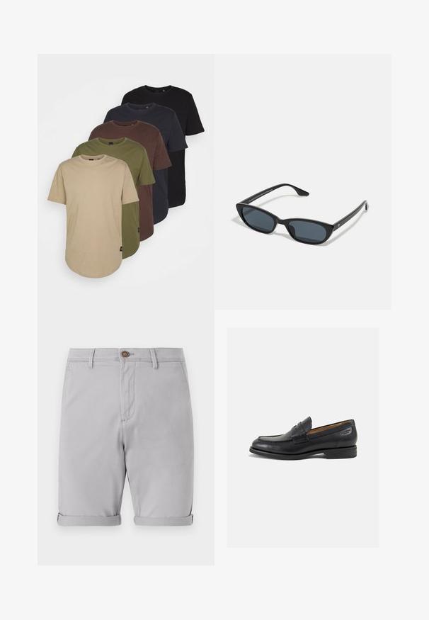 Five t-shirts arranged in gradient colors: beige, olive, brown, dark blue, and black. Made of soft cotton with short sleeves and round neck.; Light gray cotton shorts with rolled cuffs, a single front button closure, and side pockets, featuring a smooth texture and tailored design.; Black leather loafers with a smooth finish, rounded toe, and decorative stitching on the vamp. Low stacked heel and slight shine.; Black cat-eye sunglasses with dark lenses, plastic frame, slim temples, and subtle branding on the inner arm. Matte finish texture.