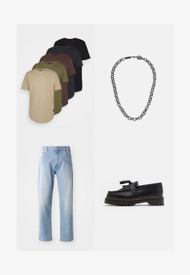 Penki marškiniai su trumpomis rankovėmis ir apykakle, išdėstyti gradientine spalvų seka: smėlinė, alyvinė, ruda, tamsiai mėlyna ir juoda. Pagaminti iš minkštos medvilnės.; Šviesiai mėlynos džinsinės kelnės su tiesiu kojų kirpimu, turinčios penkis kišenes, sagčių uždarymą ir subtilius išblukimo efektus.; Juodas odinis loaferis su kutais, turintis masyvų juodą pado ir geltonus siūlus palei kraštą. Textūruota danga.; Metalinė grandinėlė su pailgintais saitais tamsiai metalinės spalvos. Yra geometrinis akcentas ir užsegimas su prekės ženklo detale.