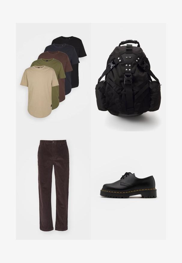 Pět triček uspořádaných ve barevném gradientu: béžová, olivově zelená, hnědá, tmavě modrá a černá. Vyrobená z měkké bavlny, s krátkými rukávy a kulatým výstřihem.; Hnědé kordové kalhoty s rovný střih, se zapínáním na knoflíky a ohrnutými nohavicemi, ukazující vertikální žebrovanou texturu.; Černá kůže šněrovací boty s kulatou špičkou, texturovanou gumovou podrážkou a žlutým prošíváním kolem základny. Plný design a hladký povrch.; Černý venkovní batoh s polstrovanými popruhy, několika kapsami a kovovými doplňky. Má odolnou textilii a boční kapsy z jemné síťoviny.