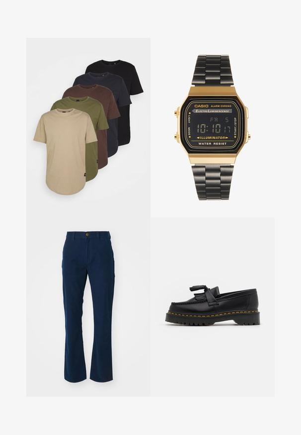 Fünf T-Shirts in verlaufenden Farben angeordnet: beige, oliv, braun, dunkelblau und schwarz. Hergestellt aus weicher Baumwolle mit kurzen Ärmeln und Rundhalsausschnitt.; Marineblaue Hose aus Baumwolltwill mit weitem Design, ausgestattet mit einem vorderen Knopfverschluss und Seitentaschen. Glatte Textur.; Schwarze Lederloafers mit einem fransenverzierten Akzent, ausgestattet mit einer robusten schwarzen Sohle und gelber Naht entlang der Kante. Texturierte Oberfläche.; Digitale Armbanduhr mit einem goldtonenen rechteckigen Gehäuse, schwarzem LCD-Display und einem schwarzen Metallarmband. Zu den Funktionen gehören ein Alarm und Wasserbeständigkeit.
