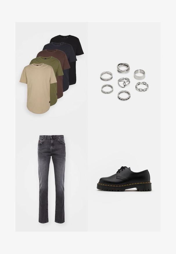 Penki marškiniai su trumpomis rankovėmis ir apykakle, išdėstyti gradientine spalvų seka: smėlinė, alyvinė, ruda, tamsiai mėlyna ir juoda. Pagaminti iš minkštos medvilnės.; Pilki džinsai su tiesiomis kojomis, penkių kišenių stiliumi ir subtiliu nudėvėjimu. Yra mygtukas ir užtrauktukas. Nėra matomų ženklų.; Juoda odinė lakuota avalynė su apvaliu pirštu, tekstūruota gumine padu ir geltona siūlelių apdaila aplink bazę. Lygus dizainas ir glotnus paviršius.; Septyni sidabriniai žiedai, nusprendti įvairiais dizainais, įskaitant susuktus, susietus ir raižytus raštus. Skirtingos formos ir pločiai.