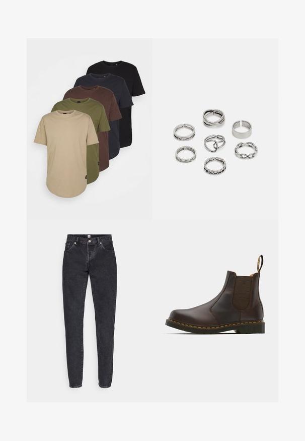 Five t-shirts arranged in gradient colors: beige, olive, brown, dark blue, and black. Made of soft cotton with short sleeves and round neck.; Black denim jeans with a straight-leg design, featuring a five-pocket style, button closure, and subtle faded texture.; Brown leather Chelsea boot with elastic side panels, textured heel, and contrast yellow stitching. Features a pull tab for easy wear.; Set of seven silver rings featuring various designs, including twisted, linked, and engraved patterns. Different shapes and widths.