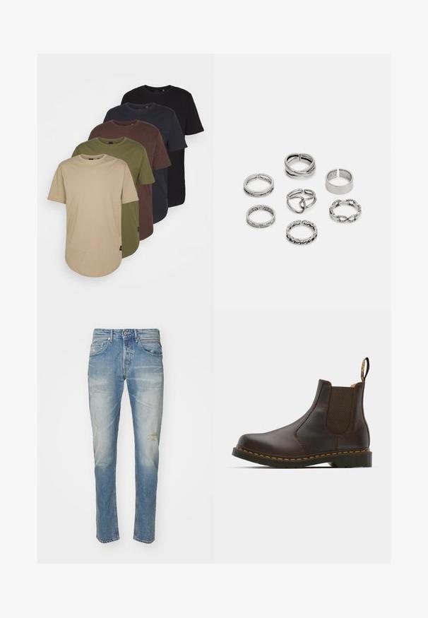 Viis t-särki, mis on paigutatud gradatsioonivärvides: beež, oliiviroheline, pruun, tume sinine ja must. Valmistatud pehmest puuvillast, lühikeste varrukatega ja ümarate kaelustega.; Heledad sinised teksad, millel on kulunud viimistlus, kerge kulumine põlvede juures, sirge jala disain, viie tasku stiil ja metallnupp kinni.; Pruun nahkne Chelsea saabas elastsete külgpaneelide, tekstureeritud kontsaga ja kontrastse kollase tikandiga. Omab tõmbeasendit, mis võimaldab mugavat selga panemist.; Seitsme hõbesõrmuse komplekt, millel on erinevad kujundid, sealhulgas keerdunud, seotud ja graveeritud mustrid. Erinevad kujundid ja laius.