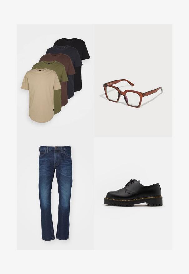 Cinco t-shirts dispostas em cores em gradiente: bege, oliva, castanho, azul escuro e preto. Feitas de algodão macio com mangas curtas e gola redonda.; Calças de ganga de perna reta em azul escuro com bolsos frontais, passantes para cinto e fecho de botão, apresentando um desbotamento subtil nas coxas e nos joelhos.; Sapato de pele preta com atacadores, bico arredondado, sola de borracha texturizada e costura amarela à volta da base. Design plano e acabamento liso.; Óculos retangulares oversized castanhos com lentes transparentes e uma ligeira tonalidade rosa na lente direita. Armação em plástico com textura suave.