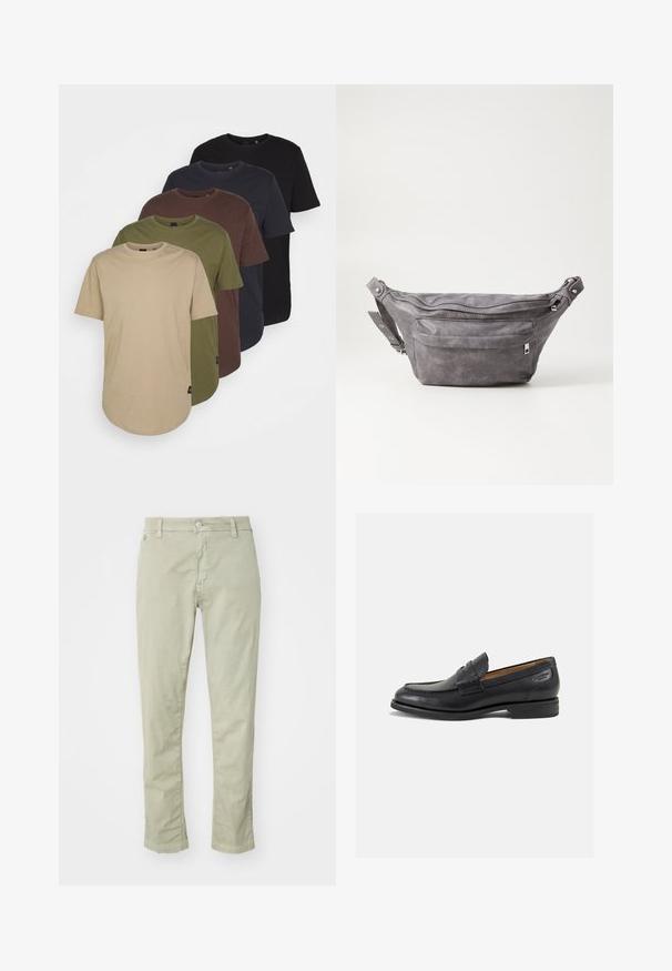Cinco t-shirts dispostas em cores em gradiente: bege, oliva, castanho, azul escuro e preto. Feitas de algodão macio com mangas curtas e gola redonda.; Calças de algodão verde claro com um corte justo, apresentando fecho de botão, design de cinco bolsos e detalhes de costura subtil.; Mocassins pretos de pele com um acabamento suave, bico redondo e costura decorativa no a parte superior. Salto baixo e empilhado com um ligeiro brilho.; Pochete cinza em camurça com forma arredondada, dois compartimentos com fecho éclair e alça ajustável. Apresenta detalhes em metal.