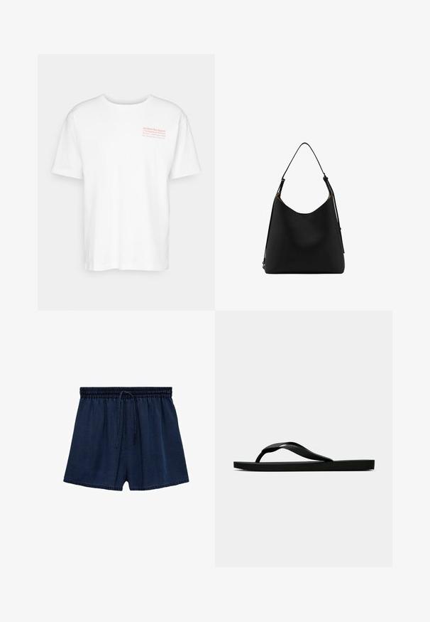 Biela bavlnená tričko s krátkymi rukávmi, na hornej ľavej strane s jemným ružovým potlačeným textom, s okrúhlym výstrihom a voľným strihom.; Námornícke modré šortky vyrobené z ľahkej tkaniny, s elastickým pásom a šnúrkou na stiahnutie, a voľným strihom. Lem je mierne rozstrapkaný.; Čierne gumené žabky s textúrovaným popruhom a jednoduchou plochou podrážkou, zobrazené z boku na jednofarebnom svetlom pozadí.; Čierna kožená ramenná taška s hladkou textúrou, zakriveným tvarom a jedným nastaviteľným popruhom. Vyžaruje minimalistický dizajn a má otvorený vrch.