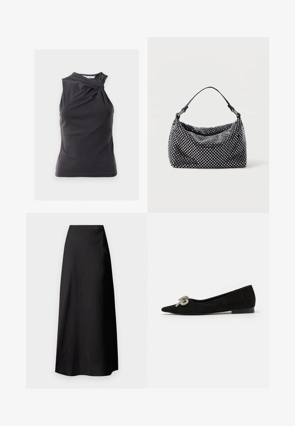 Dark gray sleeveless top with a twisted design at the shoulder, made from smooth fabric with a fitted shape and clean hemline.; Black satin maxi skirt with a smooth texture, high-waisted design, flowing silhouette, and no visible patterns or hardware details.; Black suede flat shoe with a pointed toe, adorned with a decorative silver bow detail on the front, featuring a low heel.; Black and silver handbag with a woven, textured surface featuring square patterns, a single top handle, and a slouchy design.