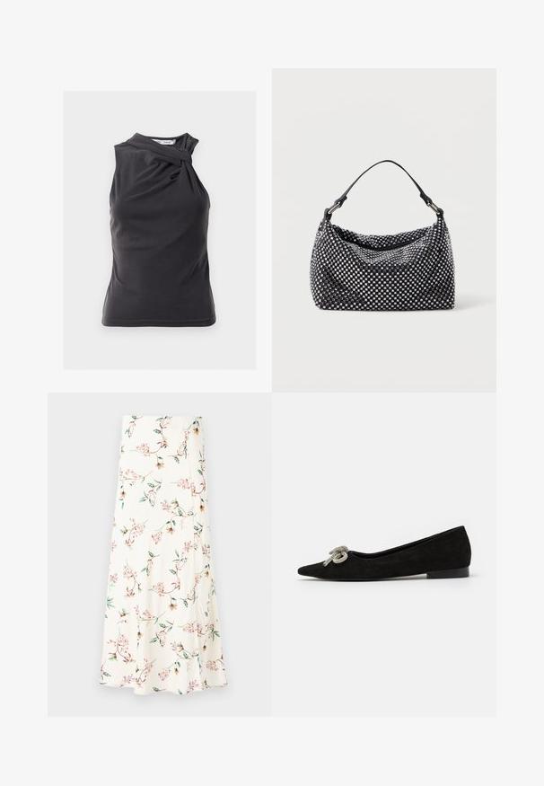 Dark gray sleeveless top with a twisted design at the shoulder, made from smooth fabric with a fitted shape and clean hemline.; Flowy, cream-colored skirt with a floral pattern featuring pink flowers and green leaves. Soft fabric with a slightly textured finish.; Black suede flat shoe with a pointed toe, adorned with a decorative silver bow detail on the front, featuring a low heel.; Black and silver handbag with a woven, textured surface featuring square patterns, a single top handle, and a slouchy design.