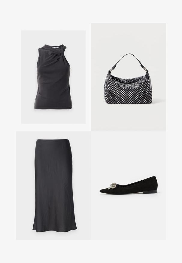 Tamsiai pilkas be rankovių viršus su suktas dizainu petyje, pagamintas iš lygaus audinio, su prigludusia forma ir švaria apatine dalimi.; Juodas satino šleifas sijonas su tiesiu kirpimu ir subtiliu blizgesiu. Pasižymi minkšta tekstūra ir vidutinio ilgio dizainu, su nedideliu šviesiu ties hemu.; Juodi zomšiniai butai su smailiu pirštu, puošti dekoratyvine sidabro drugelių detalė priekyje, su žemu kulnu.; Juoda ir sidabrinė rankinė su austų, tekstūruotų paviršiumi, kuriame yra kvadratų raštas, viena viršutinė rankena ir laisvas dizainas.