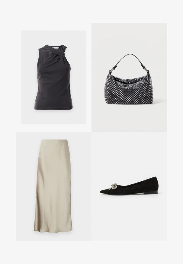 Dark gray sleeveless top with a twisted design at the shoulder, made from smooth fabric with a fitted shape and clean hemline.; A long, light beige skirt made of smooth fabric features a subtle sheen and a flared hem, providing a sleek, minimalist design.; Black suede flat shoe with a pointed toe, adorned with a decorative silver bow detail on the front, featuring a low heel.; Black and silver handbag with a woven, textured surface featuring square patterns, a single top handle, and a slouchy design.