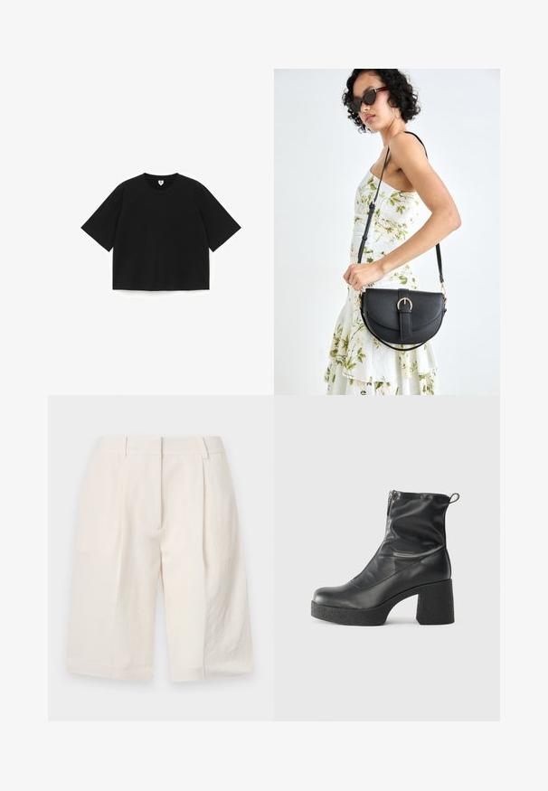 Black short-sleeve t-shirt with a crew neck, made of soft cotton. Features a straight cut and minimalistic design, no patterns or accents.; White linen shorts with a tailored design, pleated front, and wide leg openings. Smooth texture and mid-thigh length.; Black ankle boots made of smooth leather, featuring a side zipper, chunky textured heel, and rounded toe design.; Black leather handbag with a curved shape, detachable strap, and gold hardware. The bag features a flap with a buckle detail.