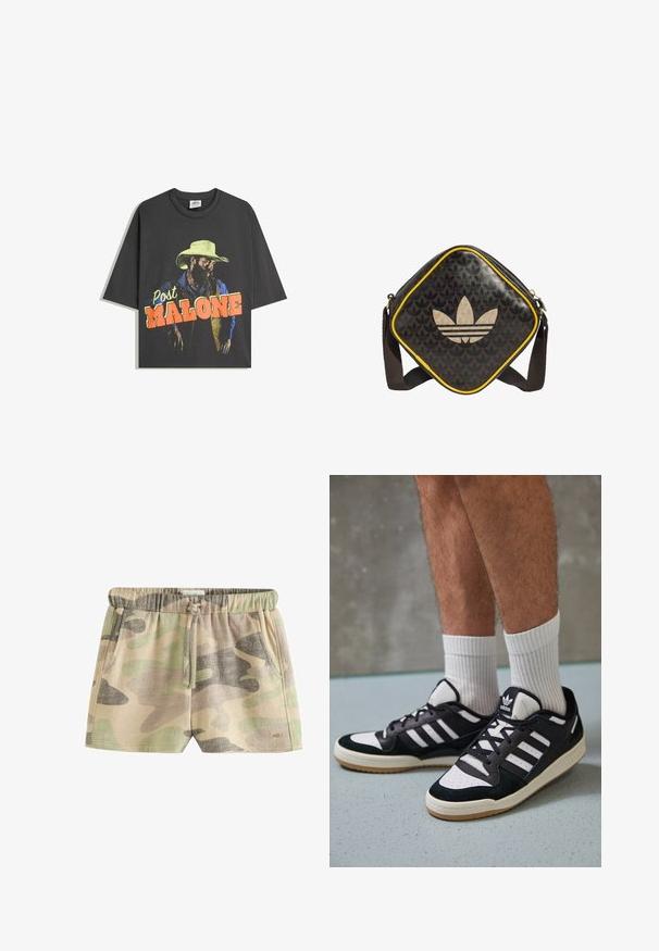 Czarna bawełniana koszulka z grafiką na przodzie przedstawiającą mężczyznę z brodą w żółtym kapeluszu kowbojskim i niebieskiej koszuli, z napisem "Post Malone" wyświetlonym dużymi literami.; Krótkie spodenki w beżowym, zielonym i szarym wzorze kamuflażu; posiadają elastyczną talię ze ściągaczem i boczne kieszenie. Tkanina o fakturze.; Czarno-białe sneakersy z zamszową i skórzaną cholewką, z trzema białymi paskami, perforowanym czubkiem i gumową podeszwą w kolorze gumy.; Czarna syntetyczna torba na ramię z geometrycznym wzorem, z centralnym logo i żółtymi wykończeniami. Zawiera brązowy pasek na ramię.