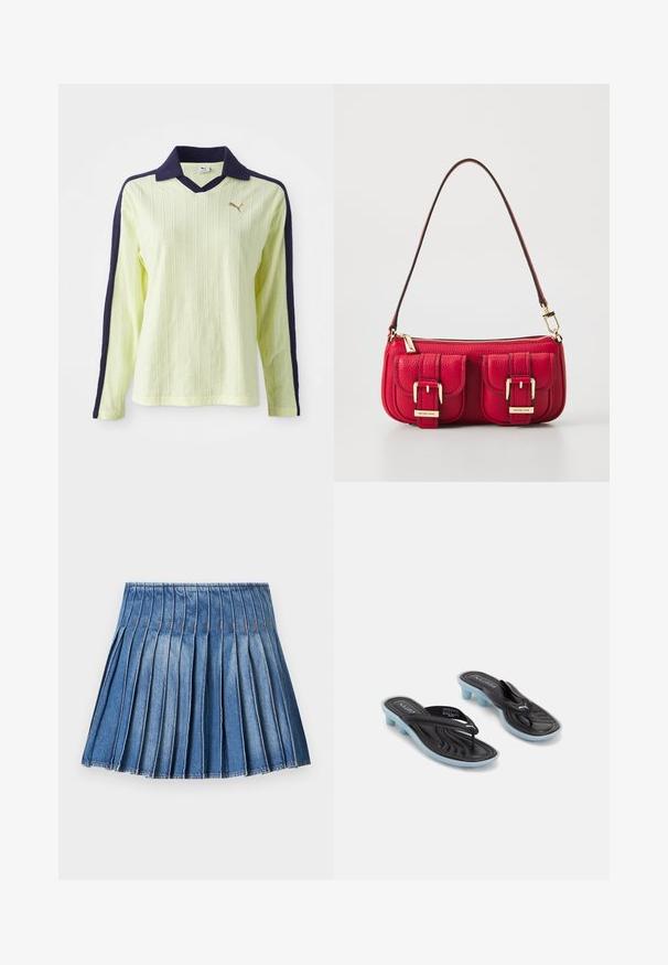 Svetložltý polo s dlhým rukávom a tmavomodrým golierom a rukávmi. Obsahuje textúrovaný rebrovaný dizajn a malú zlatú logo na hrudi.; Denim skladaná sukňa s priliehavým pásom, ktorá má vertikálne skladanie v stredne modrej farbe a kontrastné šitie.; Čierne a modré sandále Puma na nízkom blokovom podpätku s thong pásikmi na bielom pozadí.; Červená kožená taška s dvoma prednými vreckami, zlatými prvkami a zipsovým uzáverom. Má zakrivený ramenný popruh a textúrovaný povrch.