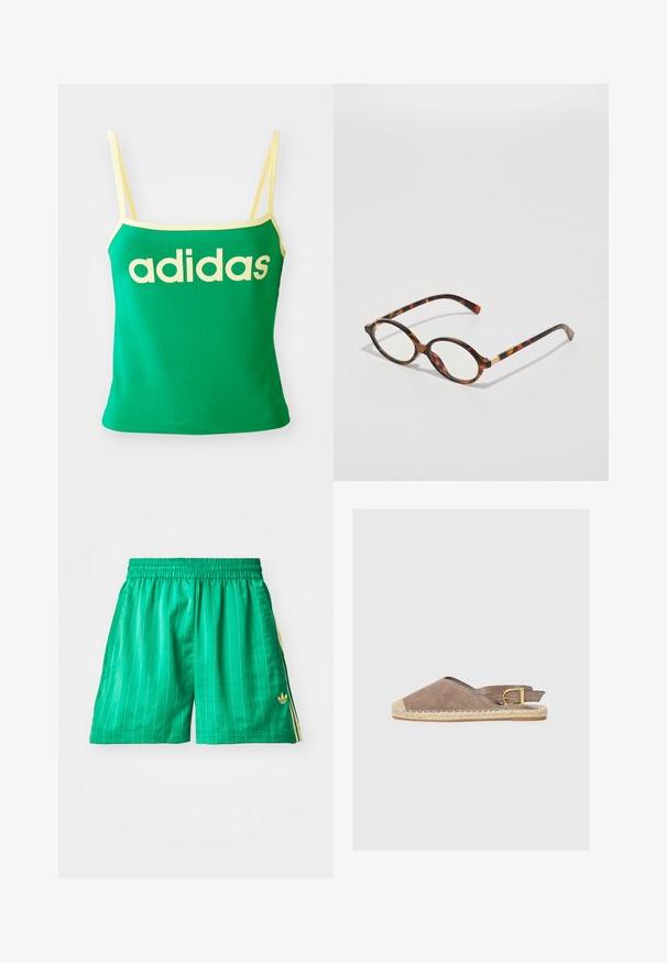 Grønn tanktopp med gule detaljer, laget av elastisk materiale. Har stort gult "adidas"-logo over forsiden og tynne stropper.; Grønne sportsshorts med hvite vertikale striper, elastisk midjebånd og gule sideakenter. Har en liten gulllogo nederst til venstre.; Suede slingback sandal i taupe, med spiss tå, flettet jutedetaljering og en gullfarget spenneaccent på stroppen.; Skilpaddebrune briller med ovale rammer, klare linser og gull aksenter. Har buede stenger og en jevn, blank overflate.; Brun lærveske med to robuste håndtak, rektangulær form, jevn tekstur og glidelås. Minimalistisk design uten synlige mønstre.