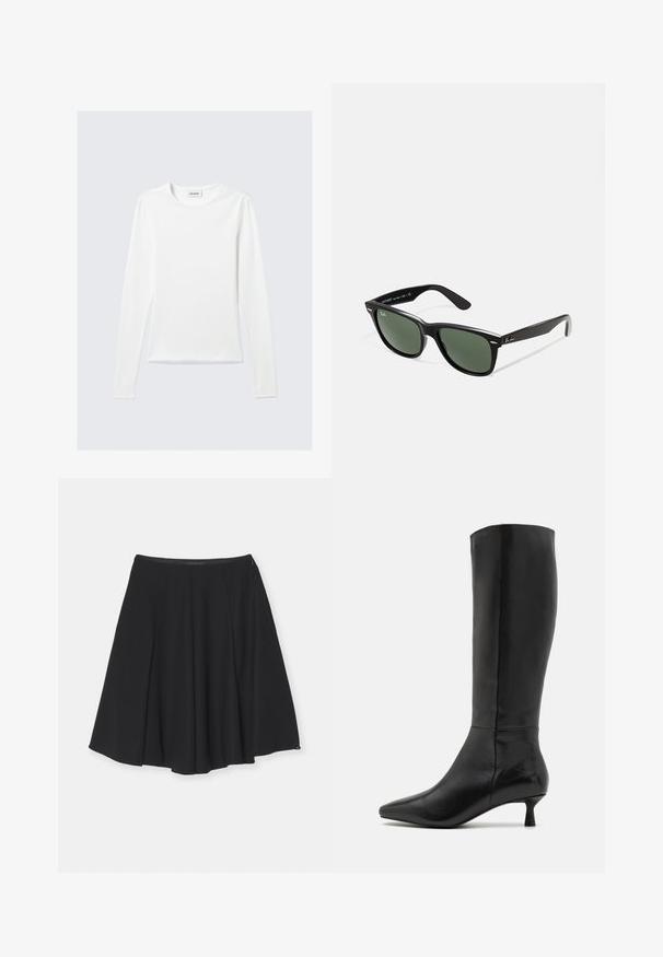 Pitkähihaisen valkoisen crew neck -t paidan sisäkauluksessa on "WEEKDAY" -logo, makaa tasaisesti vaaleanharmaalla taustalla.; Emporio Armani GONNA - A-linjainen hame - black; Zign Saappaat - black; Mustat muoviset aurinkolasit, joissa on vihreät linssit, neliönmuotoiset kehykset, hopeinen yksityiskohta kulmakarvojen kohdalla sekä tekstuuriset temppeleiden varret. Brändi ilmoitettu sisävarsissa.; Musta nahkainen olkalaukku, jossa on sileä pinta, ohut ja pitkä hihna sekä hienovarainen ommeltu yksityiskohta keskellä.