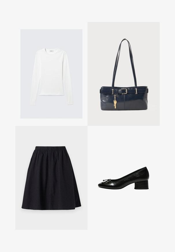 Bela majica s long sleeves i okruglim izrezom, s oznakom "WEEKDAY" na unutrašnjoj strani ovratnika, položena ravno na svijetlo sivoj pozadini.; Črna krila do kolen z elastičnim pasom, ki ima subtilen vzorec mreže in gladko teksturo. Ima lahkotno zasnovo.; Črne lakirane čevlje s peto s krožno konico, majhna blok peta in naguban dodatek spredaj. Gladka tekstura z sijajnim zaključkom.; Mornarska usnjena torbica z dvema dolgima ročajema, dodatkom z zaponko in pritrjeno ključavnico. Ima gladko teksturo in pravokotno obliko.