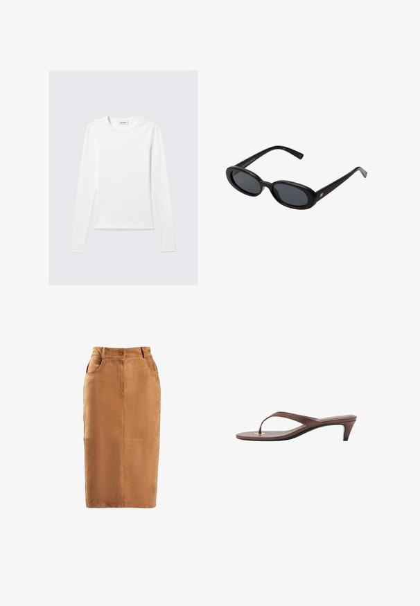 Langarmiges, weißes Rundhalsshirt mit einem "WEEKDAY"-Label im Kragen, auf einem hellgrauen Hintergrund flach ausgelegt.; Brauner Wildleder-Bleistiftrock mit hoher Taille, vorderem Knopfverschluss, zwei seitlichen Taschen und vertikalen Nahtdetails. Glatte Textur.; Braune, mit Absatz versehene Flip-Flop-Sandale mit einem schmalen Riemen und abgerundetem Zehensteg, der ein kleines goldfarbenes Akzent auf dem Fußbett aufweist.; Schwarze, oversized Sonnenbrillen mit ovalen Gläsern, glattem Kunststoffrahmen und goldenen Akzenten an den Bügeln. Die dunklen Gläser bieten Sonnenschutz.