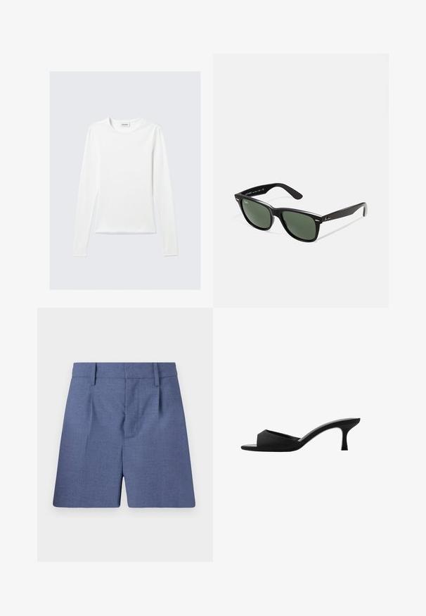 Pitkähihaisen valkoisen crew neck -t paidan sisäkauluksessa on "WEEKDAY" -logo, makaa tasaisesti vaaleanharmaalla taustalla.; Siniset räätälöidyt lyhyet housut vyölenkeillä, etupleateilla ja piilotetulla etulukolla, esitelty valkoista taustaa vasten.; Mustat korkeat mulesit, joissa on leveä, avoin varvasosa ja kaareva yläosa. Tekstuurista kangasta, jolla on hoikka korko ja sileä pohja.; Mustat muoviset aurinkolasit, joissa on vihreät linssit, neliönmuotoiset kehykset, hopeinen yksityiskohta kulmakarvojen kohdalla sekä tekstuuriset temppeleiden varret. Brändi ilmoitettu sisävarsissa.