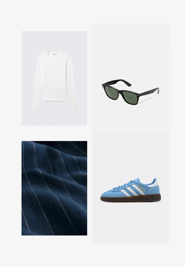 Hosszú ujjú, fehér környakú póló, belső gallérján "WEEKDAY" felirattal, világosszürke háttérre fektetve.; Tengerészkék anyag finom fehér függőleges csíkokkal, sima textúrával és enyhe fényességgel, összehajtva, hogy kiemelje a redőzöttséget és a puhaságot.; Világoskék velúr sneaker, fehér bőr csíkkal, barna texturált talppal és arany logó részlettel. Alacsony szárú dizájn, kerek orral.; Fekete műanyag napszemüveg zöld lencsékkel, négyzet alakú kerettel, ezüst díszítéssel a keret felső részén, valamint texturált szárakkal. A márka neve a belső száron található.
