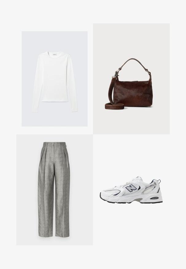 Bela majica s long sleeves i okruglim izrezom, s oznakom "WEEKDAY" na unutrašnjoj strani ovratnika, položena ravno na svijetlo sivoj pozadini.; Sive visoke hlače s pregradami, izdelane iz teksturiranega blaga z nežnim karirastim vzorcem. Široke nogavice z stranskimi žepi.; Bele športne copate z mrežasto zgornjimi deli, mornarskimi naglasnimi barvami in oblazinjeno podplatom. Vključujejo logotip "N", vezalke in teksturirane detajle na strani.; Rjava usnjena torbica z mehko, teksturirano krzneno zunanjostjo, elegantne oblike, kratko ročico in snemljivo zaponko.