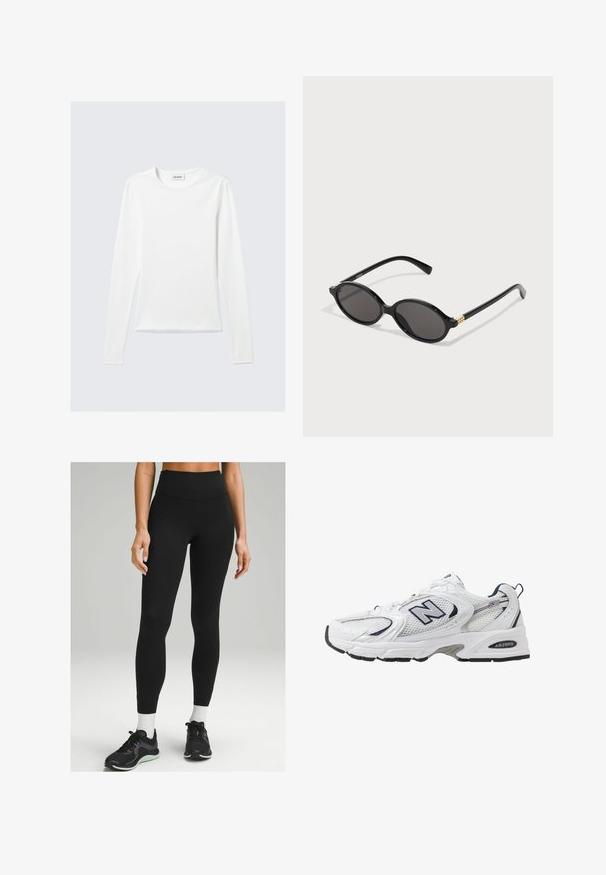 Bílá tričko s dlouhým rukávem a kulatým výstřihem se štítkem "WEEKDAY" na vnitřní straně límce, položené na světle šedém pozadí.; Černé legíny s vysokým pasem vyrobené z elastického materiálu, které se vyznačují štíhlým designem, hladkým povrchem a nenápadnými bočními detaily. V páru s černými sportovními botami.; Bílé sportovní boty s textilním svrškem, námořnickými akcenty a polstrovanou podrážkou. Obsahují logo "N", tkaničky a texturovaný detail na boku.; Černé oválné sluneční brýle s tmavými skly, lesklým plastovým rámem a zlatými akcenty na stranicích.