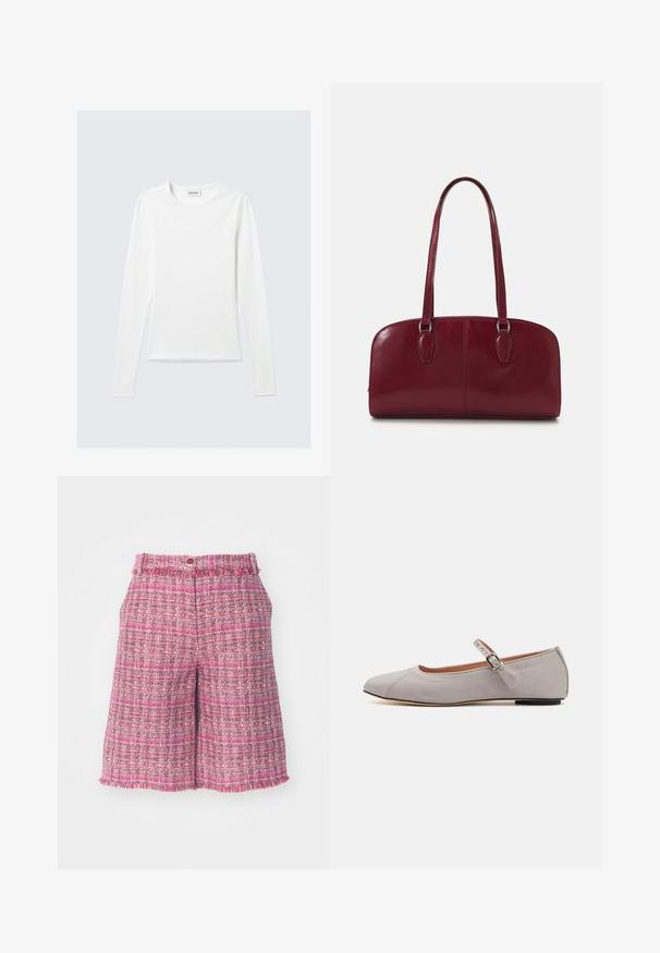 Langærmet hvid T-shirt med rund hals og "WEEKDAY" mærke på den indvendige krave, lagt fladt på en lys grå baggrund.; Lyserøde tweed-shorts med et tekstureret mønster og frynsede kanter. Har en talje med knaplukning. Letvægtsstof, længde til midt på låret.; MAX&Co. LIV - Ballerinasko m/ rem - grigio perla; Zign LEATHER - Håndtasker - dark red