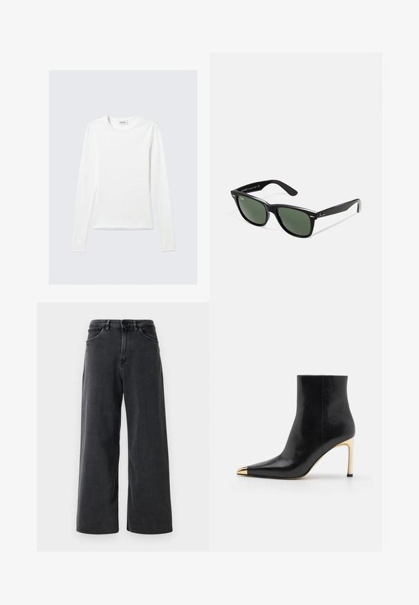 Pikad varrukad valge T-särk ümarate kaelustega, mille sildil on sees "WEEKDAY", laotatuna helesinise tausta peale.; Mustad laiad teksad, millel on ette nupud ja tõmblukk, vööloopid ning esikotid valgel taustal.; Mustad nahast põlvevõrk käimiskott, millel on terav nina, kuld metallist kaaned ja peen kõrge konts. Sile tekstuur ja minimalistik disain.; Mustad mustan plastiku prillid roheliste läätsedega, ruudukujulised raamid, hõbedane aksent kulmude peal ja tekstuuriga tempelkäed. Brändi nimi on märgitud sisevarrele.; Tumedast nahast käekott kahe pika käepidemega, pandla detailiga ja võtmehoidjaga. Omab siledat tekstuuri ja ristkülikukujulist vormi.