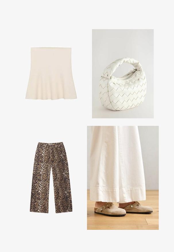 Flareskaterhame i kremfarge laget av mykt stoff. Den har en jevn tekstur og et rynket design i kanten, som skaper subtil bevegelse.; Lepardikuvandiga laiad püksid. Omavad tan, pruuni ja musta värvi segu. Valmistatud pehmest kangast, millel on sile tekstuur.; Beige mokasiner i suède med en spännband och nitar, som bärs med vita vida byxor, placerade på ett trägolv.; Valkoinen kudottu käsilaukku pyöreällä kahvalla, jossa on vetoketjukiinnitys ja pehmustettu pinta. Sileä viimeistely ja geometrinen kuvio pinnalla.