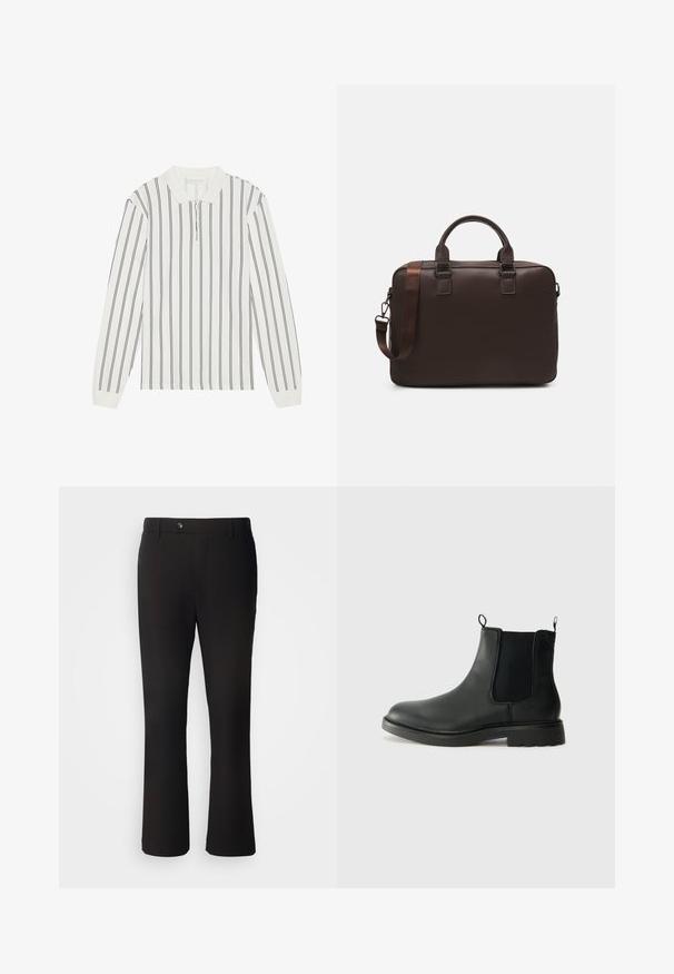 Balta ilga rankovė marškiniai su tamsiai mėlynomis vertikaliomis juostomis, apykaklės iškirpte ir priekyje esančiu užtrauktuku. Pagaminti iš lengvos medžiagos su lygiu paviršium.; Juoda pritaikyta kelnė su tiesiu kirpimu, su priekiniu mygtukų užsegimu ir diržo kilpomis, pagaminta iš lygaus, lengvo audinio.; Juodos odinės Chelsea botai su elastingais šonų įdėklais, traukimo kilpomis, suapvalintu pirštu ir tekstūruotu guminio pado paviršiumi. Lygus paviršius ir tvirtas dizainas.; Ruda odinė nešiojamojo kompiuterio rankinė su tekstūruota paviršiumi, dviem viršutiniais rankenomis, reguliuojama juosta ir dviem priekiniais sagtimis papildomam akcentui.