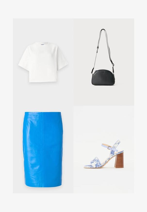 Tricou alb supradimensionat cu mâneci raglan scurte, fabricat dintr-un material moale. Prezintă un logo subtil pe piept și un decolteu rotund.; 2nd Day JAYAN - Fustă din piele - skydiver; Sandale cu imprimeu floral albastru, cu vârf pătrat, o curea lată și o curea ajustabilă la gleznă, având un toc bloc din lemn texturat.; Geantă din piele neagră tip crossbody, cu o formă rotundă, două bretele ajustabile și un logo discret pe față. Exterior texturat, design minimalist.