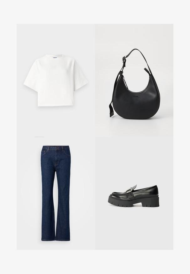 Λευκό υπερμεγέθες μπλουζάκι με κοντά ραγλάν μανίκια, κατασκευασμένο από μαλακό ύφασμα. Διαθέτει έναν διακριτικό λογότυπο στο στήθος και στρογγυλή λαιμόκοψη.; Καναδάς μπλε τζιν με φαρδιά γραμμή και ψηλή μέση, με λεία υφή, μεταλλικό κούμπωμα και σχέδιο πέντε τσεπών.; Μαύρες δερμάτινες μοκασίνες με παχιά ελαστική σόλα. Διαθέτουν διακοσμητική πόρπη και ραφές κατά μήκος του πάνω μέρους. Ίσια φτέρνα.; Μαύρη δερμάτινη τσάντα ώμου με καμπύλη φόρμα, φερμουάρ και ρυθμιζόμενο λουρί. Διαθέτει ανάγλυφο λογότυπο της μάρκας στο εμπρόσθιο μέρος.