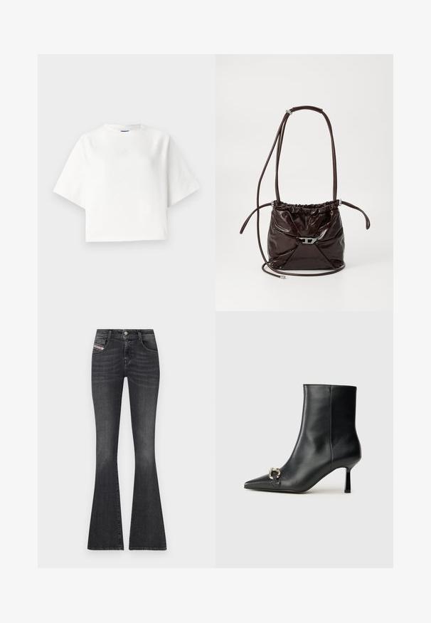 T-shirt oversized branco com mangas raglan curtas, feito de um tecido suave. Apresenta um logo discreto no peito e um decote redondo.; Denim cinza escuro, com corte fluido e cintura alta, design de cinco bolsos, detalhes em prata e desbotamento subtil. Apresenta uma etiqueta de marca na lateral.; Bota preta de couro até ao tornozelo com bico apontado, salto slim de altura média e detalhe em fivela prateada de lado, contra um fundo simples.; Bolsa de ombro de couro brilhante castanho escuro com parte superior franzida e alça fina ajustável, apresentando um pequeno detalhe de fecho em tom prateado na frente.
