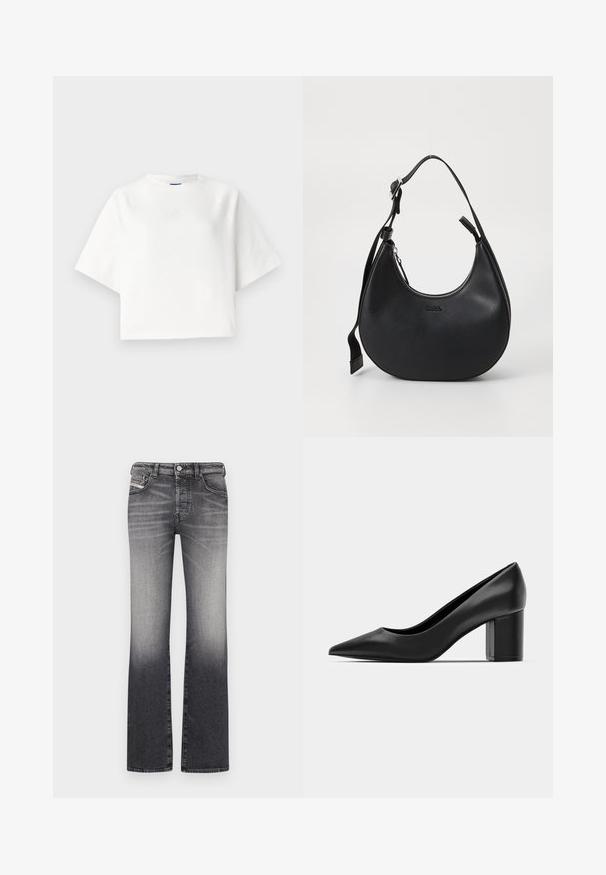 Valge ülemõõduline t-särk lühikeste raglansärklitega, valmistatud pehmest kangast. Omab diskreetset logo rinnal ja ümmargust kaelust.; Laienevad teksad, millel on must-hall gradientpesu. Omadused: viis taskut, nupuga ja lukuga kinnitus ning vöönipid. Denimpüksid, millel on sile tekstuur.; Mustad nahast kontsad terava nina ja tülikesega ruudukujulise kontsaga. Sile tekstuur, lihtne disain, sobib ametlikeks üritusteks.; Mustmust nahk rihmaga õlakott, millel on kaarjas kuju, luku sulgemine ja reguleeritav rihm. Esiküljel on reljeefne brändi logo.