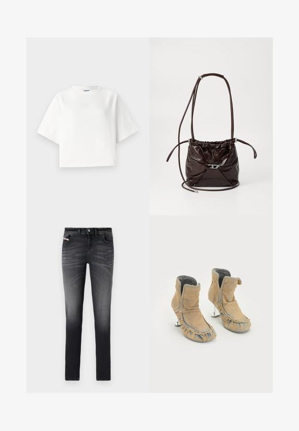 Fehér, túlméretezett póló, rövid raglánujjakkal, puha anyagból készült. Diszkrét logó található a mellkason és kerek nyakkivágás jellemzi.; Sötétszürke, slim-fit farmernadrág, denim anyagból készült. Faded kivitel, klasszikus öt zsebes kialakítás és elülső gombos zárás jellemzi.; Barna szövetből készült bokacsizma szürke gyapjú bélésével, fodros szélekkel és ezüst színű magas sarkakkal. Részleges cipzárral és gumitalppal rendelkezik.; Sötétbarna fényes bőr válltáska gyűrt felső résszel és vékony, állítható pánttal, elöl kis ezüst színű kapoccsal.