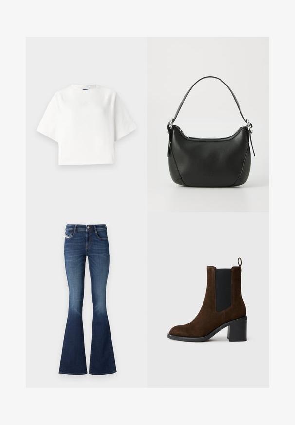 Valge ülemõõduline t-särk lühikeste raglansärklitega, valmistatud pehmest kangast. Omab diskreetset logo rinnal ja ümmargust kaelust.; Tumedate flared teksad keskmise kõrgusega vöökohaga, klassikalise viie tasku kujundusega ja kerge kulumisega reitel.; Kohvisuede pahkluu saapad ümarate varvastega, külje elastse paneeli ja plokknäpuga. Tagaküljel on mugavuseks tõmbeava.; Must mustast nahkaga kott, millel on kaarjas kuju, hõbedane tõmblukk ja lühike käepide. Ees on peen logo ning kott on sileda tekstuuriga.