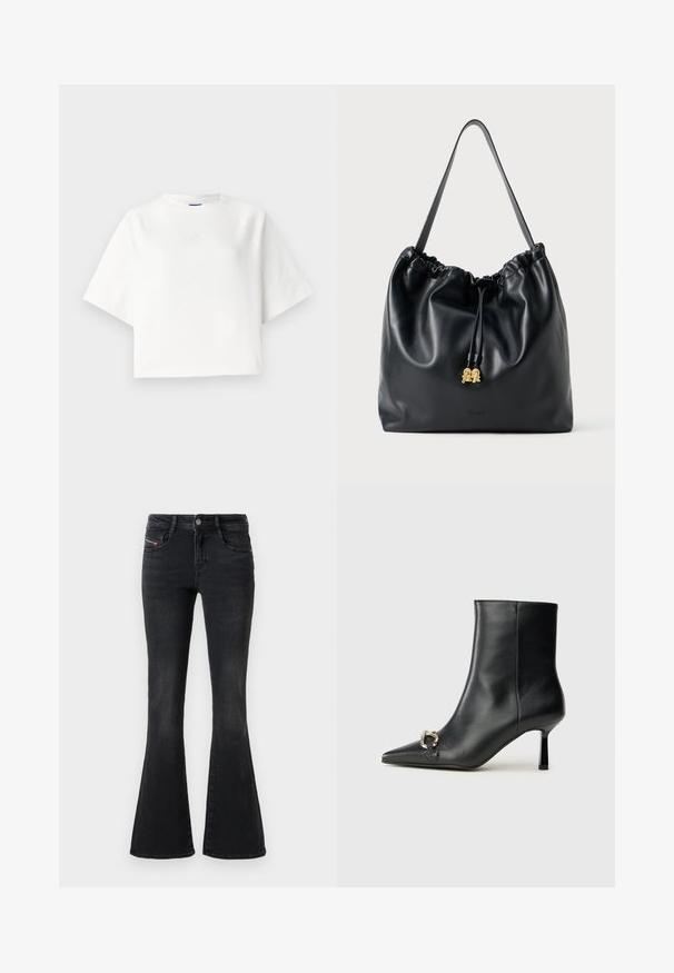 T-shirt oversized branco com mangas raglan curtas, feito de um tecido suave. Apresenta um logo discreto no peito e um decote redondo.; Jeans black de pernas largas feitos de denim. Apresentam um design clássico de cinco bolsos com costura subtil e um emblema na bolsa.; Bota preta de couro até ao tornozelo com bico apontado, salto slim de altura média e detalhe em fivela prateada de lado, contra um fundo simples.; Mala de cordão em couro preto com uma textura suave, topo franzido e discretos acessórios em dourado. Apresenta uma única alça resistente e um logótipo embossado.