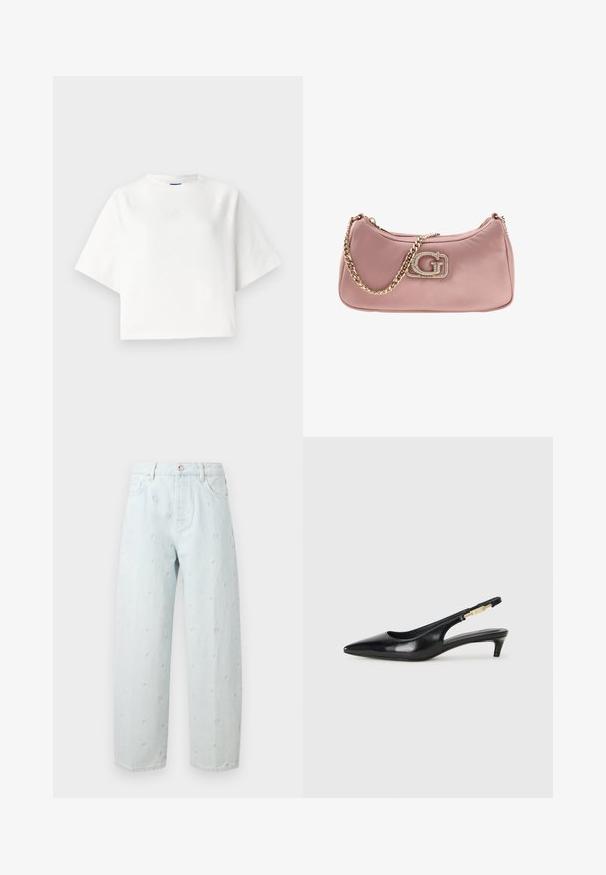 Bijela oversized majica kratkih raglan rukava, napravljena od mekog materijala. Ima suptilan logo na grudima i okrugli izrez.; Svijetloplave traperice opuštenog kroja, s uzorkom uzdignutih točkica, pet džepova i kopčanjem na gumbu u struku.; Crne kožne sandale s petom, s izduženim vrhom, imaju usku petu i zlatni akcent na podesivoj traci. Glatka tekstura.; Roza satenasta torbica s zlatnim lancem i istaknutim logotipom ukrašenim kristalima na prednjoj strani. Glatka tekstura i zaobljeni oblik.
