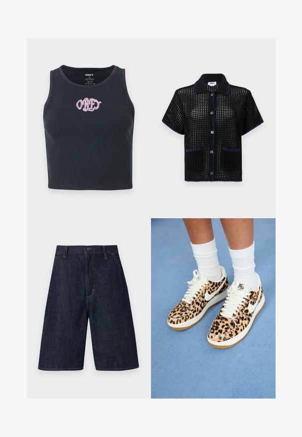 Black ribbed crop tank top made of cotton with a round neckline and a pink embroidered "OBEY" logo across the chest.; Black knitted short-sleeve shirt with a mesh pattern, blue trim on the collar and pocket edges, featuring buttons down the front.; Dark blue denim shorts with a straight cut, featuring a button closure, five pockets, and visible yellow stitching along the seams.; Leopard print Nike Air Force 1 sneakers with white laces and swoosh, featuring a tan rubber outsole and textured upper. White crew socks visible.
