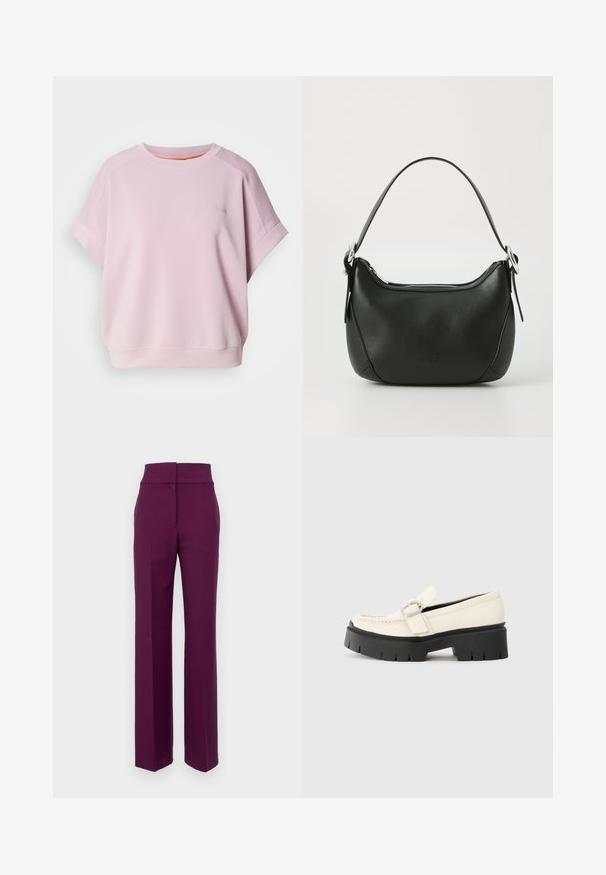 Roosa pehme materjalist dressipluus, millel on lõdva istuvuse, lühikesed varrukad ja väike tikandiga logo ees.; HUGO HIMIA - Püksid - medium purple; Valge nahast loafer, millel on massiivne must platvormi tald, neljakandiline hõbedane pandla ja nähtavalt õmblusdetail ülaserval.; Must mustast nahkaga kott, millel on kaarjas kuju, hõbedane tõmblukk ja lühike käepide. Ees on peen logo ning kott on sileda tekstuuriga.