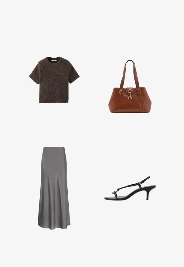 Short-sleeve, crew-neck top in a fluffy, textured material. Color is dark brown with subtle variations. Simple, straight-cut design.; Moves HEBRY - Maxi skirt - castlerock; Black leather kitten heel sandal with thin straps, gold buckle, and minimalist toe loop on a white background.; Brown leather handbag with a structured shape, gold hardware accents, double shoulder straps, and a decorative buckle detail at the center.