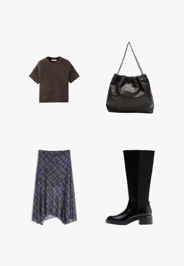 Tričko s krátkymi rukávmi a okrúhlym výstrihom z nadýchaného textúrovaného materiálu. Farba je tmavohnedá s jemnými variáciami. Jednoduchý, rovný strih.; Čierna kockovaná sukňa s modrými a hnedými prúžkami, voľný strih, stredná dĺžka, vyrobená z ľahkej látky s hladkým povrchom.; Čierne kožené čižmy po kolená s lesklým povrchom, štvorcovou špičkou, blokovým opätkom a detailom na bočnom šve. Majú pútko na zadnej strane.; Hnedá kožená taška so zberaným vrchom a reťazovým popruhom. Hladký povrch s lesklým finišom a jemným švom po stranách.