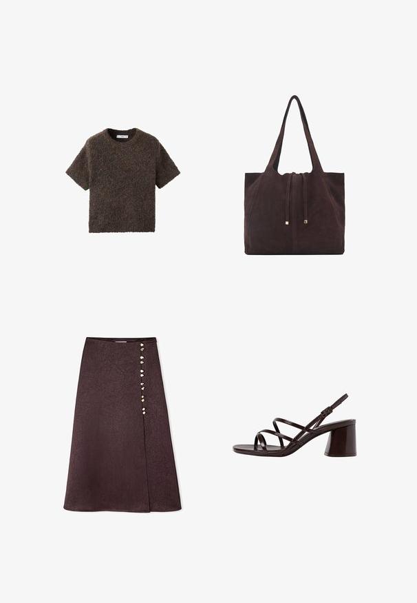 Krótkim rękawem, top z okrągłym dekoltem, wykonany z puszystego, teksturowanego materiału. Kolor ciemnobrązowy z subtelnymi odcieniami. Prosty, prosty krój.; Bordowa spódnica midi o marszczonej fakturze, z rozcięciem z przodu i dekoracyjnymi guzikami w kształcie kamieni po lewej stronie.; Brązowe sandały na wysokim obcasie z grubym obcasem, z gładkim, błyszczącym wykończeniem i wieloma krzyżującymi się paskami na cholewce.; Mango - Torba na zakupy