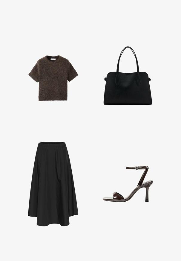 Top cu mâneci scurte și guler rotund, realizat dintr-un material pufos și texturat. Culoarea este un maro închis cu variații subtile. Design simplu, cu o croială dreaptă.; Fustă neagră, de lungime medie, cu un elastic în talie, având pliseuri pentru volum și o textură netedă. Design simplu, clasic, fără ornamente.; Sandale cu toc înalt din piele lacuită maro, cu bretele la gleznă, vârf deschis și un design elegant, minimalist. Dispune de un toc pătrat.; Geantă din piele neagră cu două mânere pentru umăr, formă rectangulară și design minimalistic pe un fundal alb.