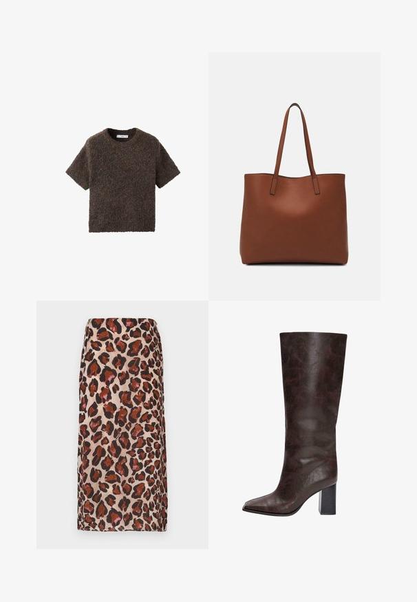 Top cu mâneci scurte și guler rotund, realizat dintr-un material pufos și texturat. Culoarea este un maro închis cu variații subtile. Design simplu, cu o croială dreaptă.; Minge midi cu imprimeu leopard în nuanțe de maro și negru pe un fundal bej. Realizată dintr-un material neted, având o siluetă dreaptă.; Cizme negre din piele sintetică, până la genunchi, cu vârf ascuțit, suprafață texturată și toc gros. Finisaj neted, detalii minime.; Geantă de umăr din piele maro cu o textură netedă, design cu vârf deschis și două curele pentru umăr. Prezintă cusături minime și fără componente metalice vizibile.